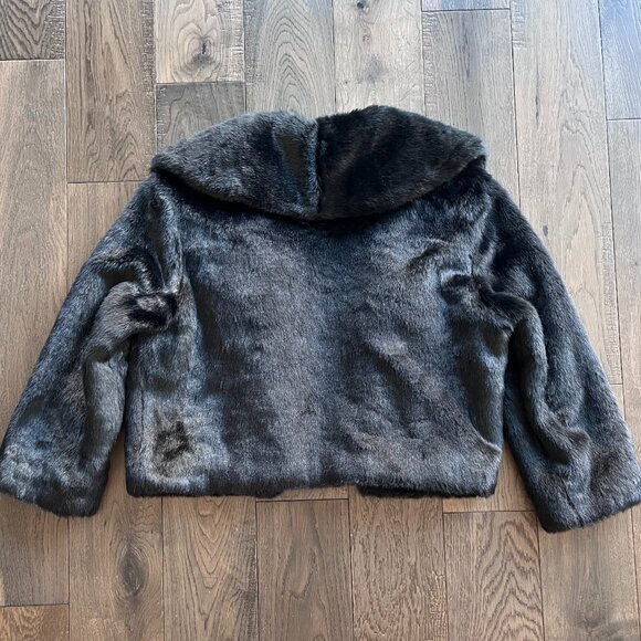 Alex Marie Black Faux Fur Crop Coat Size M Cowl Neck Open Front Jacket Elegant - Picture 3 of 7